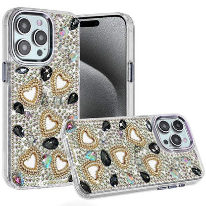 Phone Case for Apple iPhone 15 Pro Max Luxury Crystal Heart Rhinestone Diamond Bling Shockproof Hybrid Glitter Protective Stylish Durable Grip Cover
