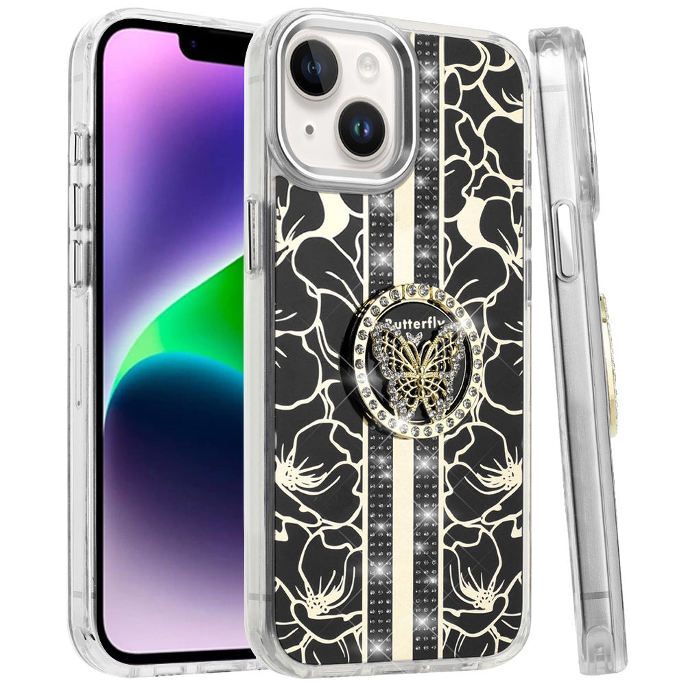 Phone Case for Apple iPhone 14/13 Floral Butterfly Ring Stand Glitter Bling Shockproof Hybrid Luxury Fashion Protective Anti Slip Durable Grip Cover Black