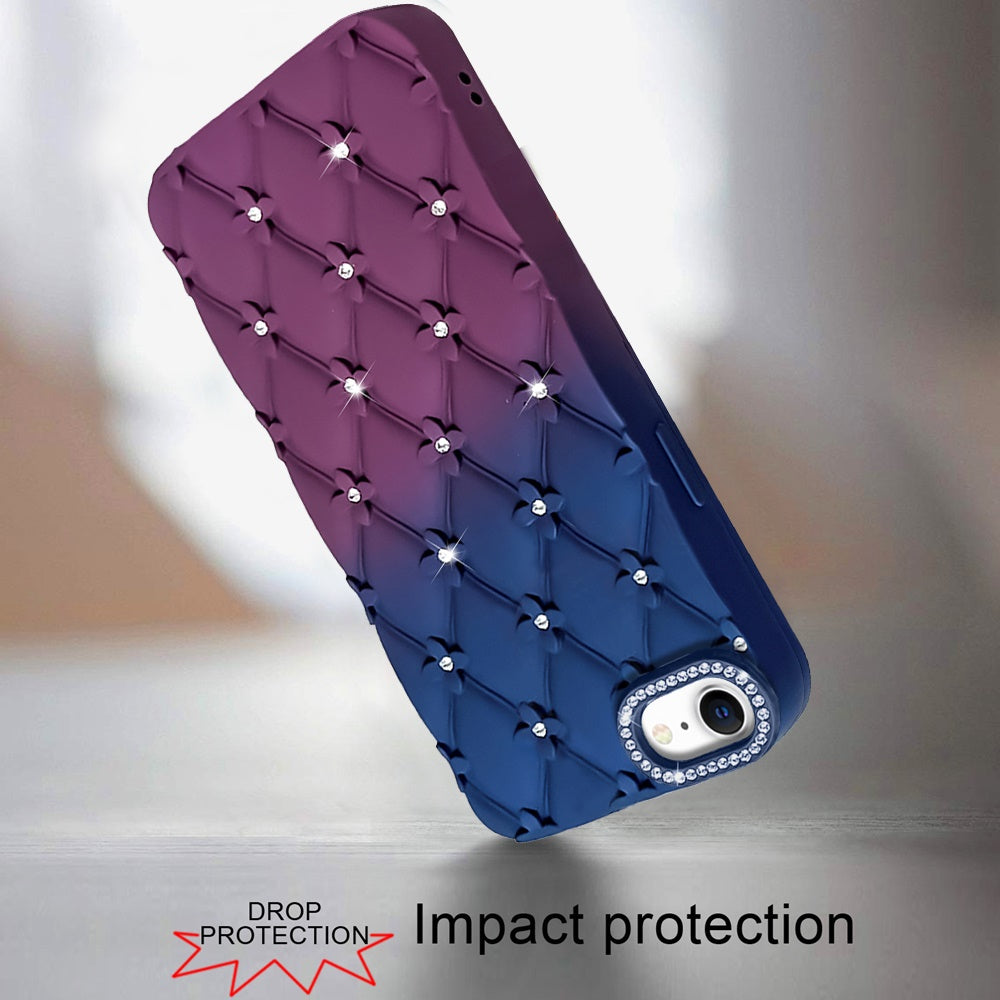 For Apple iPhone 17E /16E Fashion Flower Design Sparkle Glitter Shimmer Rhinestone Bling Floral Accents, Leather Texture TPU Case Cover