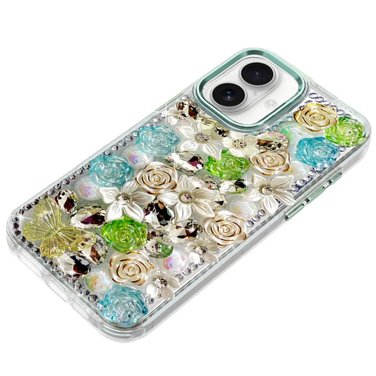 Phone Case for Apple iPhone 17 Luxury Rose Bling Rhinestone Glitter Floral Hybrid Shockproof Stylish Protective Designer Ornament Sparkle Cover Green