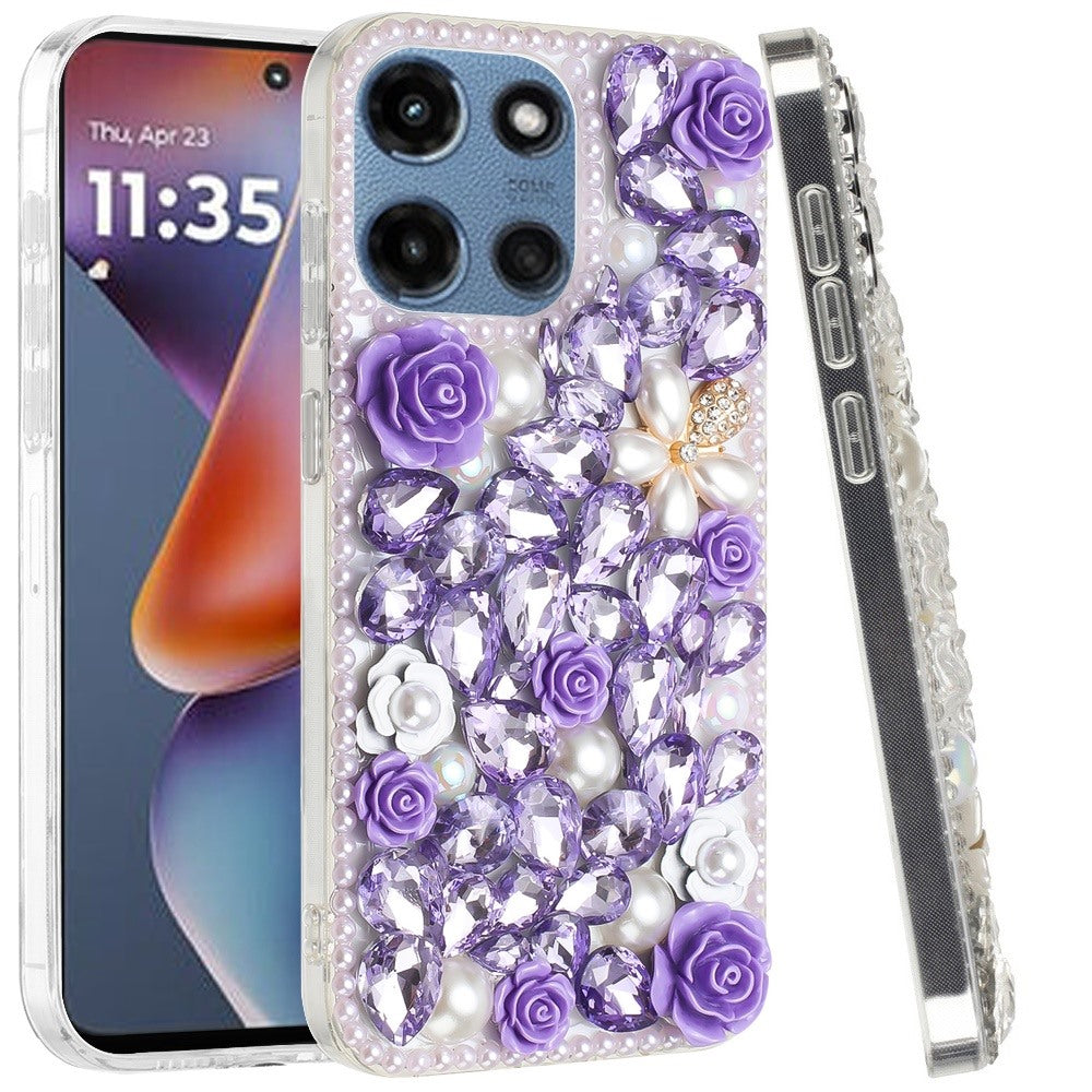 Phone Case for Motorola Moto G Play 5G 2026 Rose Flower Full Diamond Bling Rhinestone Glitter Luxury Stylish Sparkle Protective Designer Hybrid Cover Purple