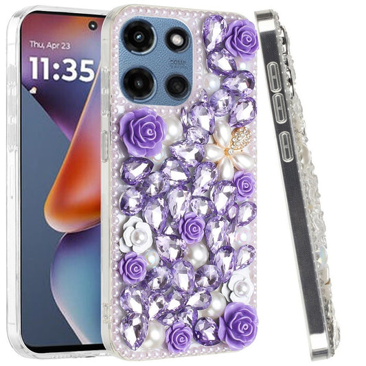 Phone Case for Motorola Moto G Play 5G 2026 Rose Flower Full Diamond Bling Rhinestone Glitter Luxury Stylish Sparkle Protective Designer Hybrid Cover Purple