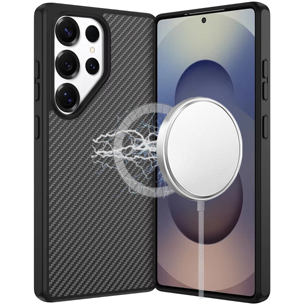 For Samsung Galaxy S25 Ultra Carbon Fiber Design with Magnetic HQ 2.0mm Thick Hybrid Shockproof Rubber Hard PC Case Cover Black