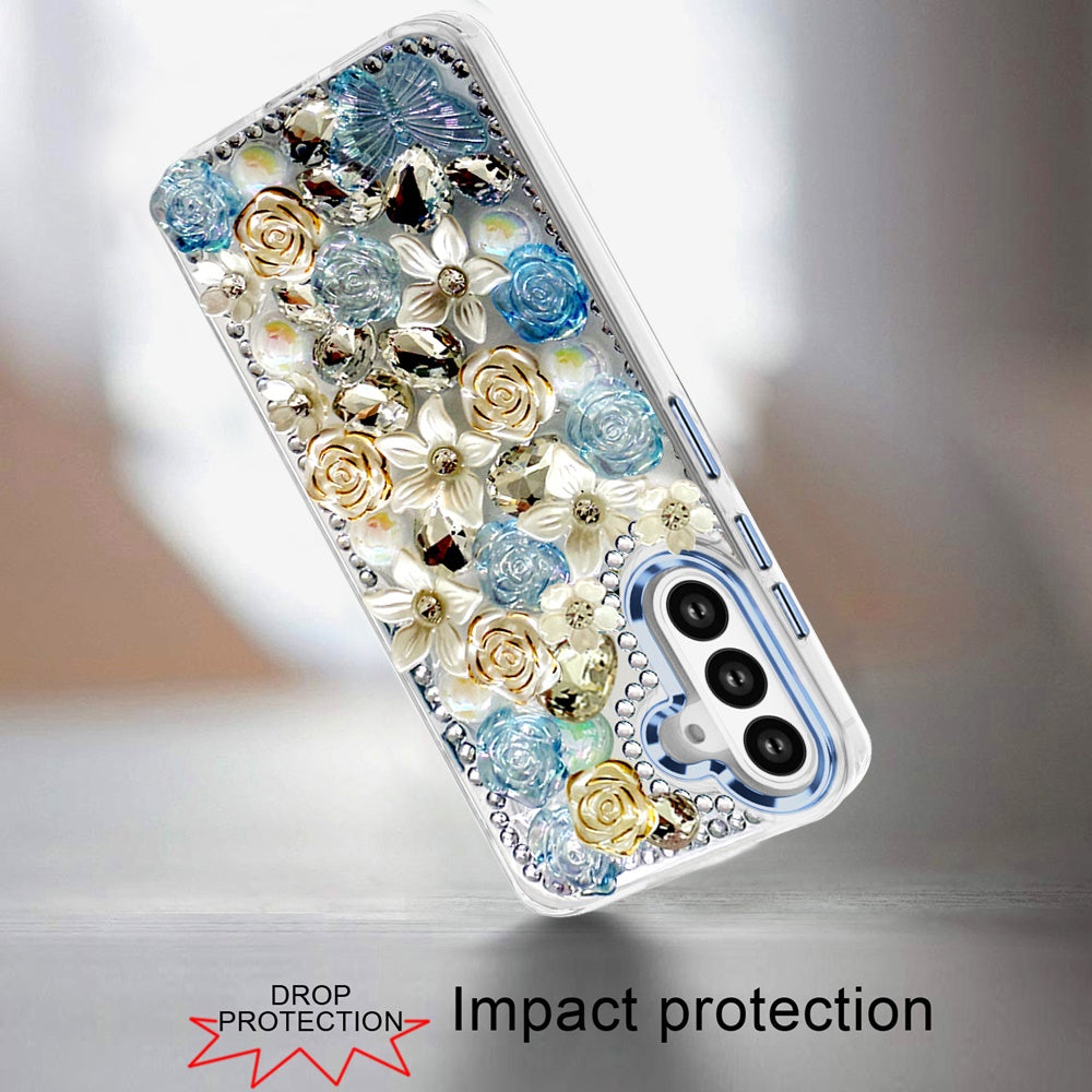 For Samsung Galaxy S25 FE, S25 Fan Edition 3D Diamond Floral Roses Flower Bling Stone Hybrid, Sparkly Rhinestone Gemstone Back Shockproof Case Cover Blue