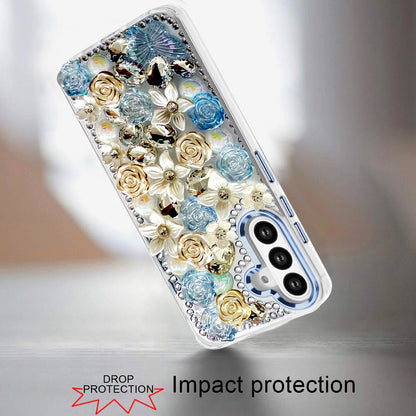 For Samsung Galaxy S25 FE, S25 Fan Edition 3D Diamond Floral Roses Flower Bling Stone Hybrid, Sparkly Rhinestone Gemstone Back Shockproof Case Cover Blue