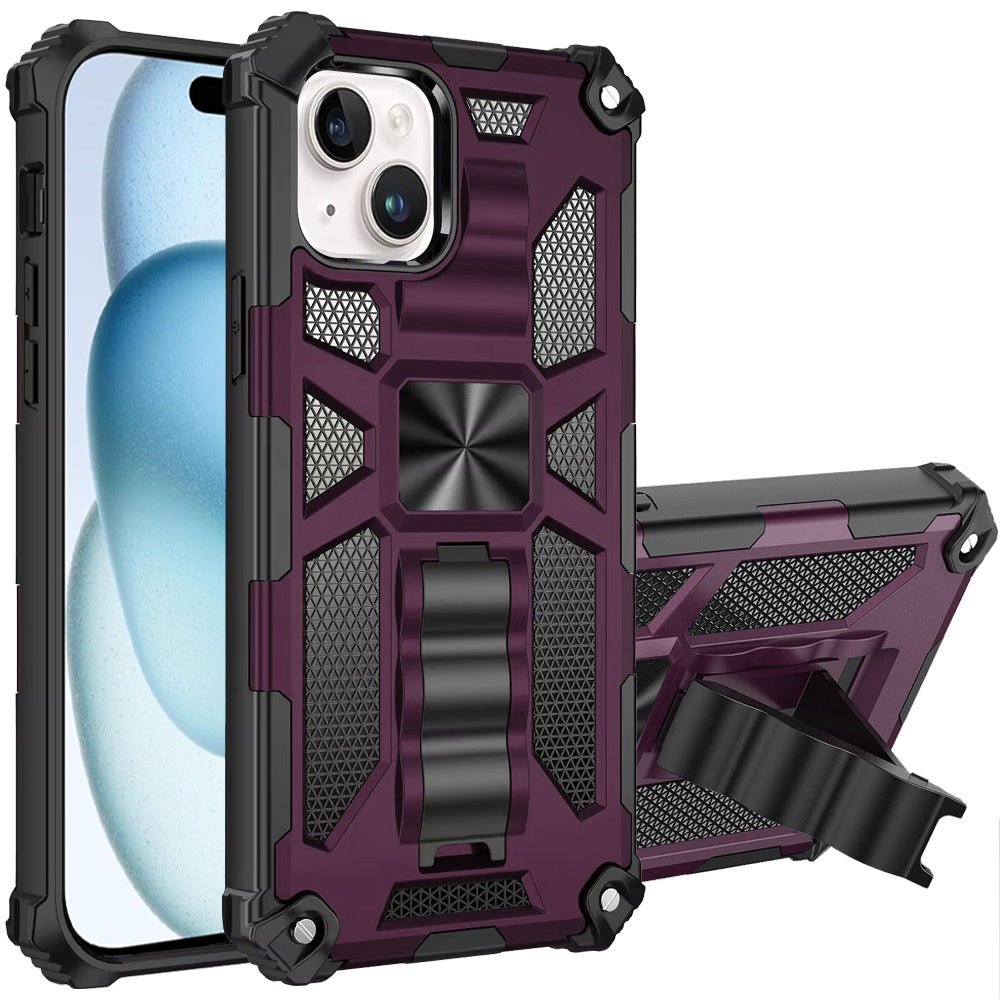 Phone Case for Apple iPhone 15 Plus Built in Magnetic Hiden Kickstand Shockproof Rugged Armor Grip Hybrid Heavy Duty Anti Slip Protective Style Cover Purple