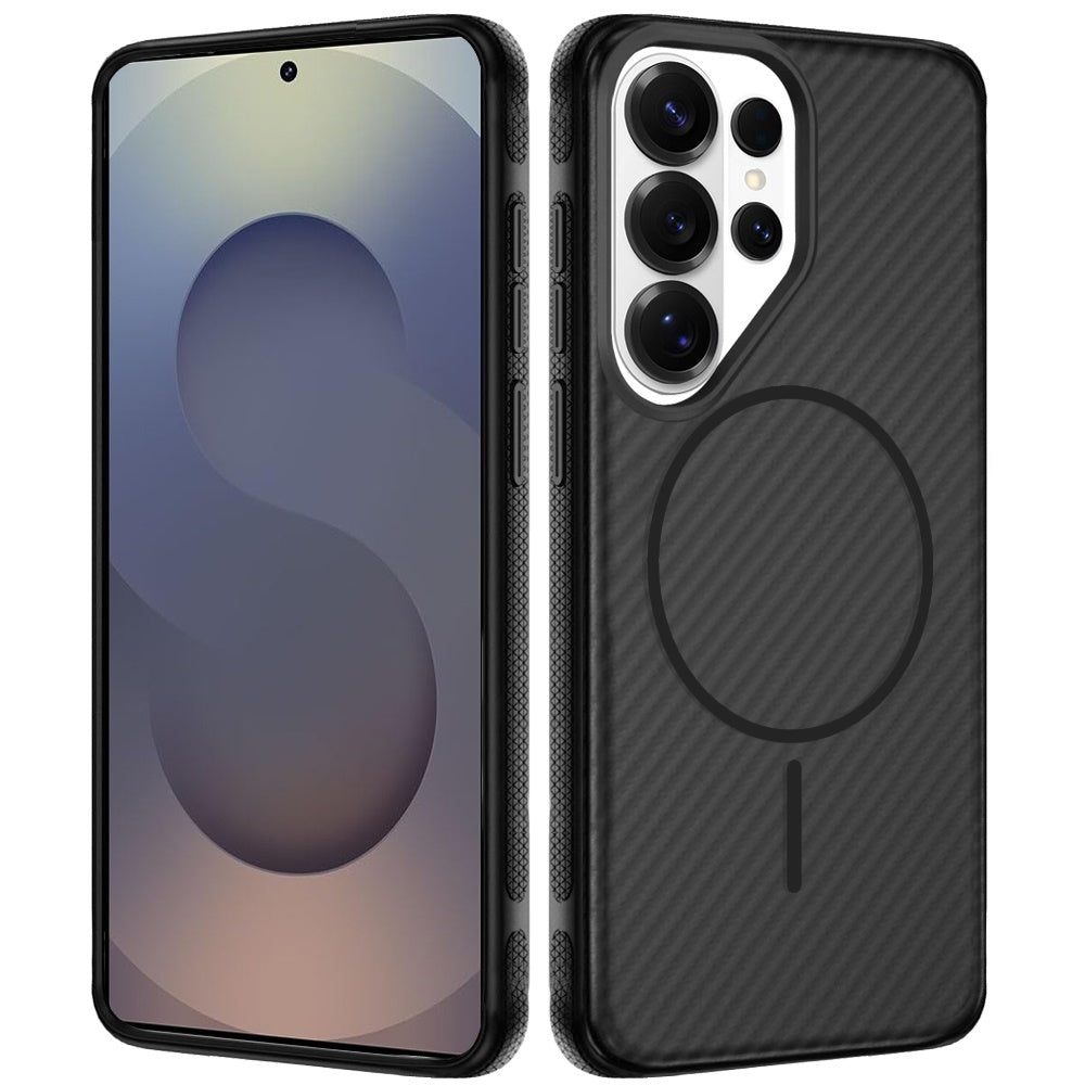 For Samsung Galaxy S26 Ultra Thick Carbon Design Magnetic Hybrid Drop Protection with Metallic Buttons & MagSafe Compatible Case Cover Black