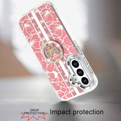 Phone Case for Samsung Galaxy S25 FE Fan Edition Floral Butterfly Ring Stand Glitter Bling Shockproof Hybrid Luxury Fashion Protective Anti Slip Durable Grip Cover Pink