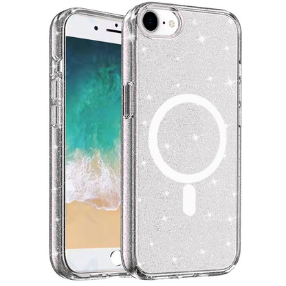 For Apple iPhone SE 4 MagSafe Compatible Glitter Shiny Sparkle Bling TPU Rubber Hard PC Back Hybrid Frame [Magnetic Circle] Case Cover