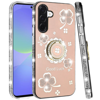For Samsung Galaxy A37 Diamonds Bling All Around Edges Sparkly Glitter Hybrid with Ring Stand Holder Fashion Good Luck Case Cover