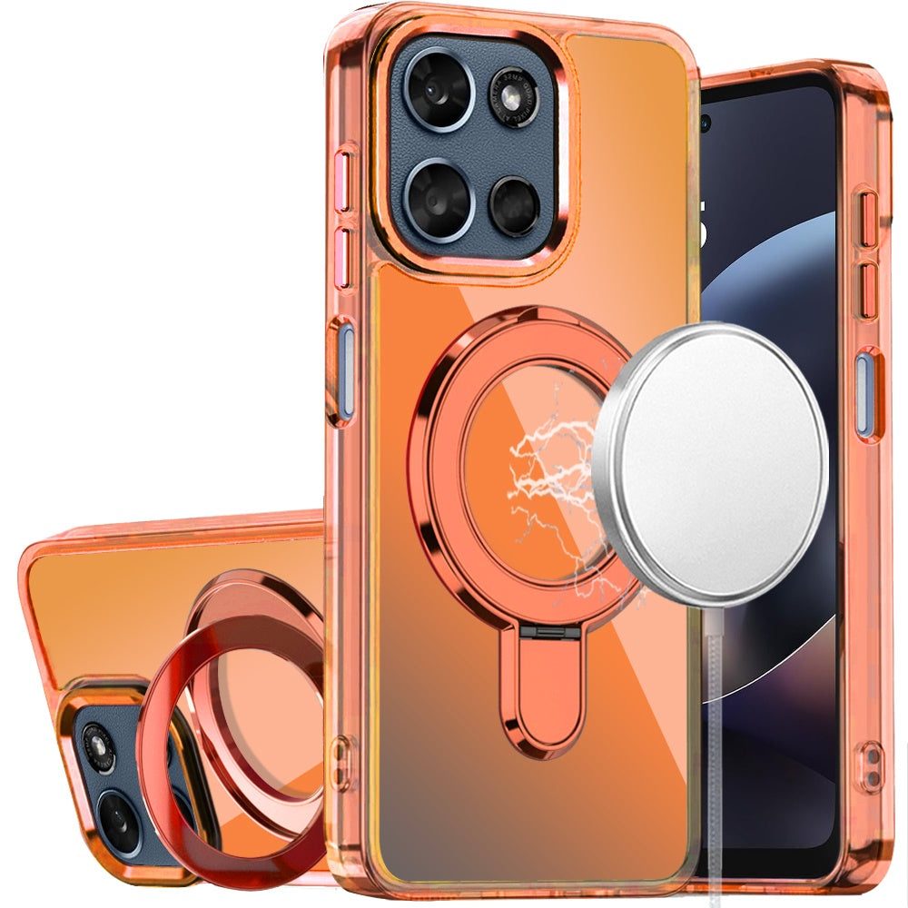 For Motorola Moto G 5G 2026/2025 Chrome Hybrid with Rotating Magnetic Circle Ring Stand, Slim Shockproof Hybrid Case Cover Cosmic Orange