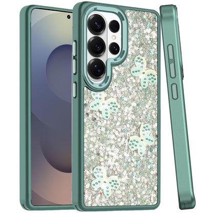For Samsung Galaxy S25 Ultra Cute Butterfly Crystal Diamond Glitter Case Sparkle Bling Frame Metallic Edges, Shimmer TPU Hybrid Case Cover Teal