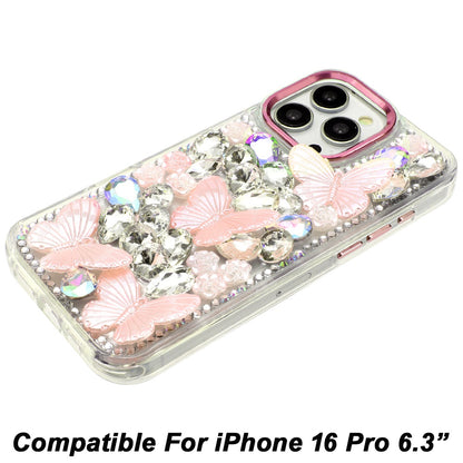 Phone Case for Apple iPhone 16 Pro Luxury 3D Floral Butterfly Bling Rhinestone Glitter Shockproof Stylish Protective Hybrid Designer Metallic Cover