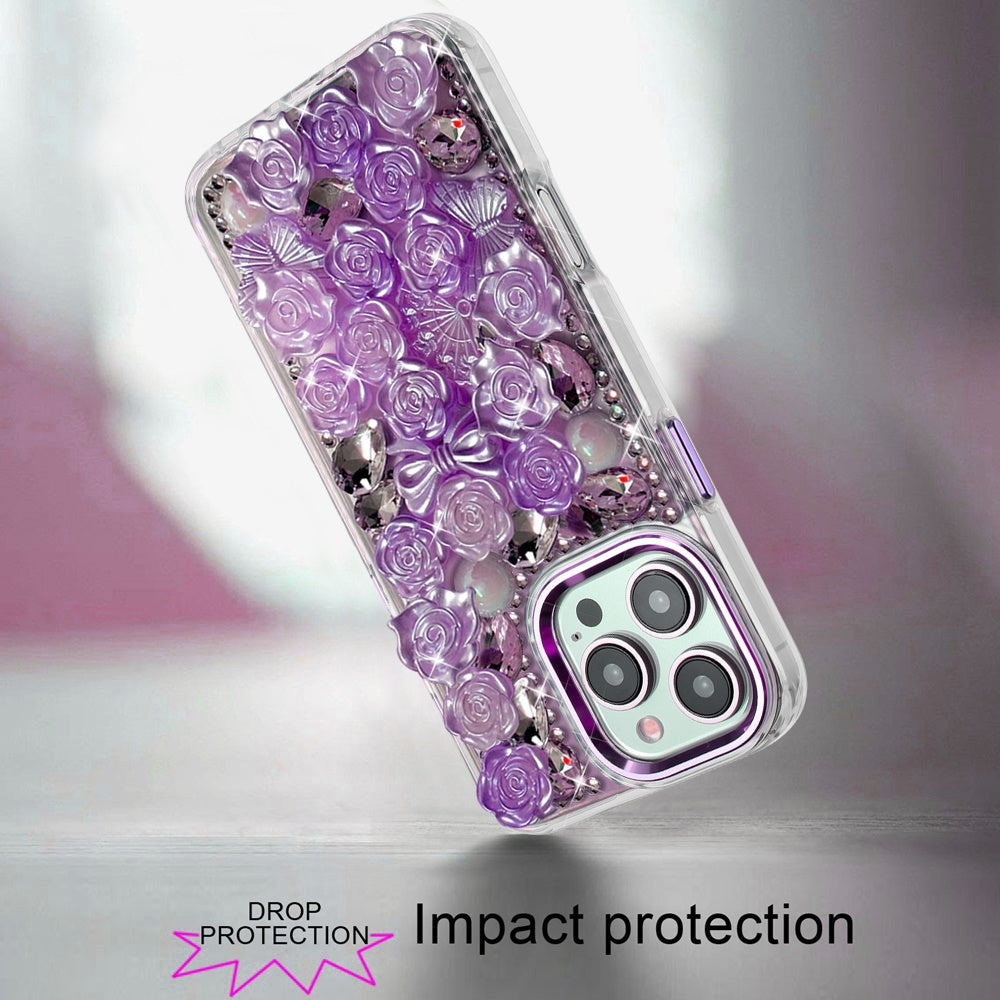 For iPhone 16 Pro Max (6.9") Muti-Color Floral Fashion Bling Crystal 3D Full Diamonds Stones Sparkle Rhinestone Glitter Hybrid Case Cover
