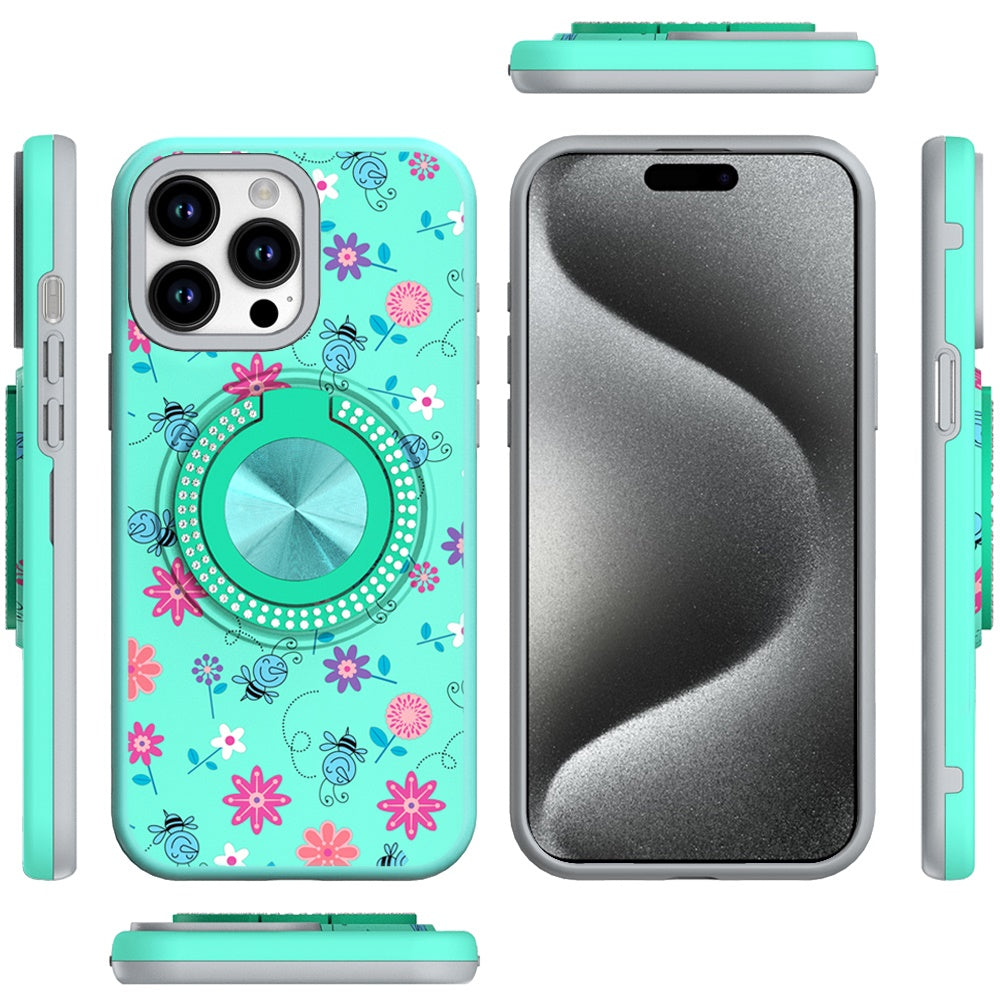 For Apple iPhone 14 /13 Pattern Design Hybrid with Invisible Ring Stand & Magnetic Back, Shockproof Protective Grip Case Cover