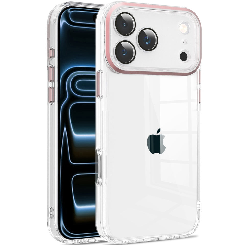 Phone Case for Apple iPhone 18 Pro/ 17 Pro Transparent Clear Hybrid Metal Button Camera Guard Shockproof Gummy TPU Slim Protective Grip Cover Pink