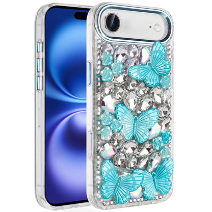 For Apple iPhone 17 Air (6.6") 3D Diamond Floral Butterfly Bling Stone Hybrid, Sparkly Rhinestone Gemstone Back Shockproof Case Cover