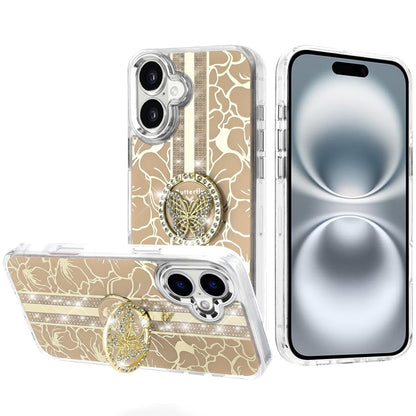 Phone Case for Apple iPhone 16 Floral Butterfly Ring Stand Glitter Bling Shockproof Hybrid Luxury Fashion Protective Anti Slip Durable Grip Cover