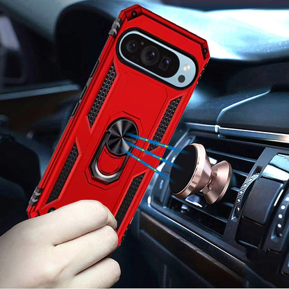 For Google Pixel 9 Pro XL Hybrid Shockproof Durable 360 Degree Rotatable Ring Stand Holder Kickstand Fit Magnetic Car Mount Case Cover Blue