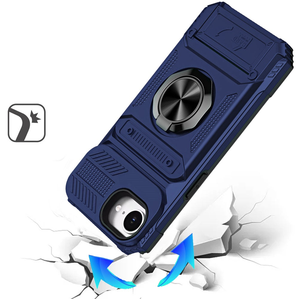 For Apple iPhone 17E /16E 2X Card Slot Metal Ring Stand Hybrid Shockproof Heavy Duty Drop Protection Multi Functional Design Case Cover
