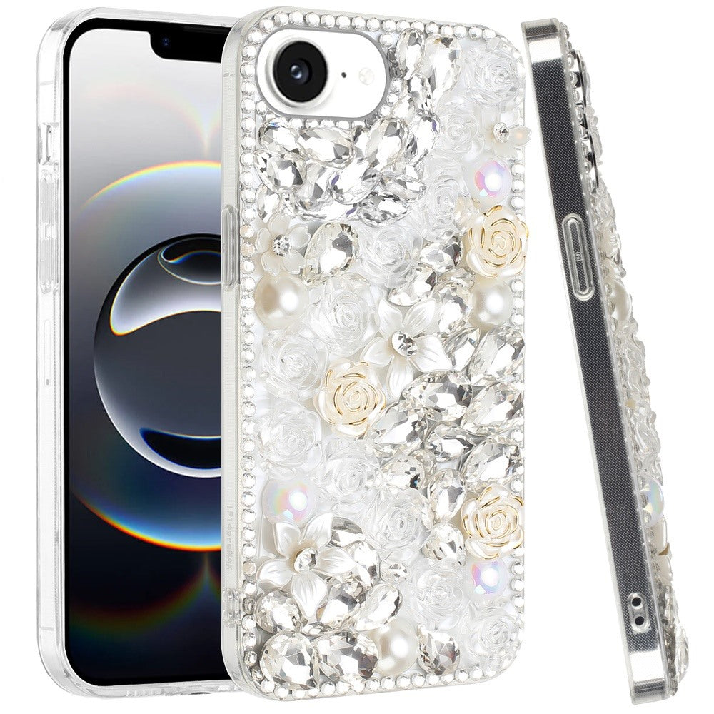 For Apple iPhone 16e Fashion Rose Flower Floral Bling Crystal 3D Full Diamonds Pearl Sparkle Rhinestone Glitter Hybrid Case Cover