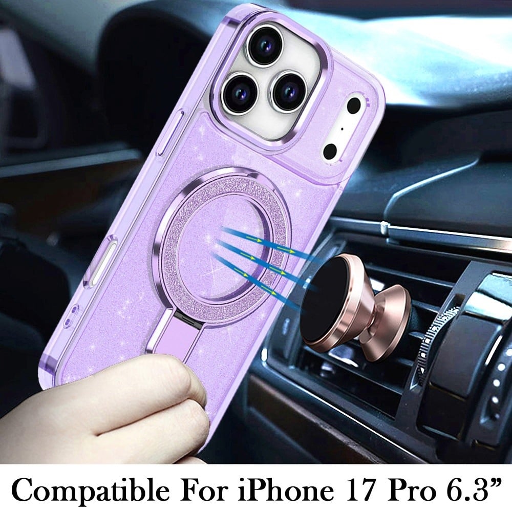 For Apple iPhone 17 Pro (6.3") Transparent Glitter Bling Case with Rotating Magnetic Ring Stand, Shockproof Hybrid Case Cover