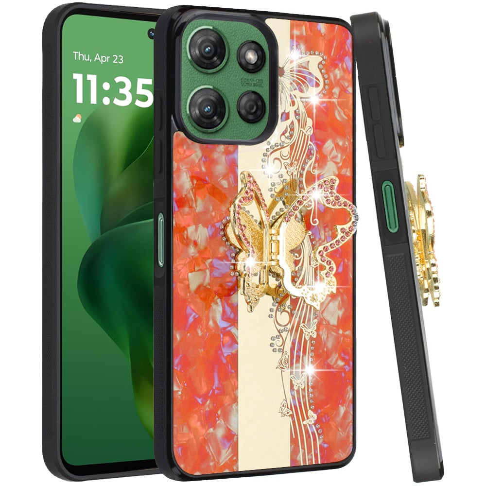 Phone Case for Motorola Moto G Power 5G 2026 /2025 Diamond Glitter Butterfly Engraved Ring Stand Luxury Bling Hybrid Shockproof Chrome Edge Protective Durable Grip Cover
