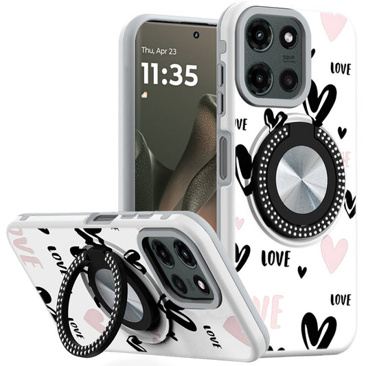 For Motorola Moto G Power 5G 2025 Pattern Design Hybrid with Invisible Ring Stand & Magnetic Back, Shockproof Protective Grip Case Cover