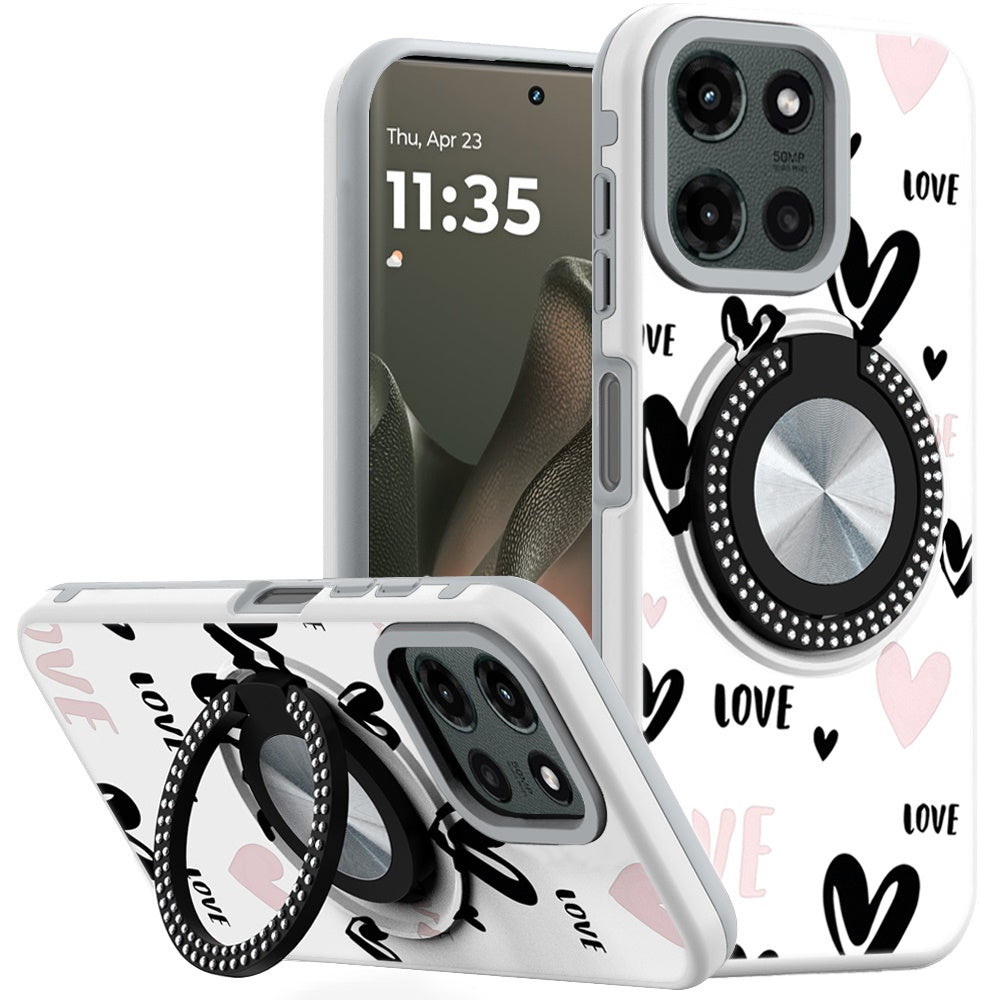 For Motorola Moto G 5G 2025 Pattern Design Hybrid with Invisible Ring Stand & Magnetic Back, Shockproof Protective Grip Case Cover
