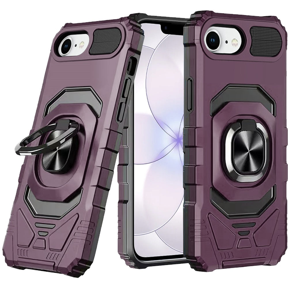 Phone Case for Apple iPhone 17E / iPhone 16E / iPhone SE4 Rugged Hybrid Dual Layer Magnetic Ring Stand Armor Shock Absorbing Heavy Duty TPU Reinforced Bumper Cover Purple