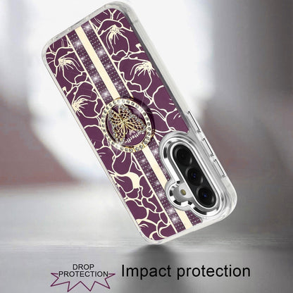 Phone Case for Samsung Galaxy A27 Floral Butterfly Ring Stand Glitter Bling Shockproof Hybrid Luxury Fashion Protective Anti Slip Durable Grip Cover Purple