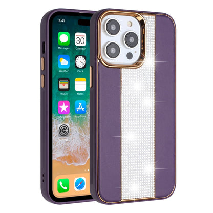 For iPhone 15 Pro (6.1") Flashy Diamond Leather Hybrid Shockproof Protection Chrome Camera Edge Grip Slim Durable Case Cover Dark Purple