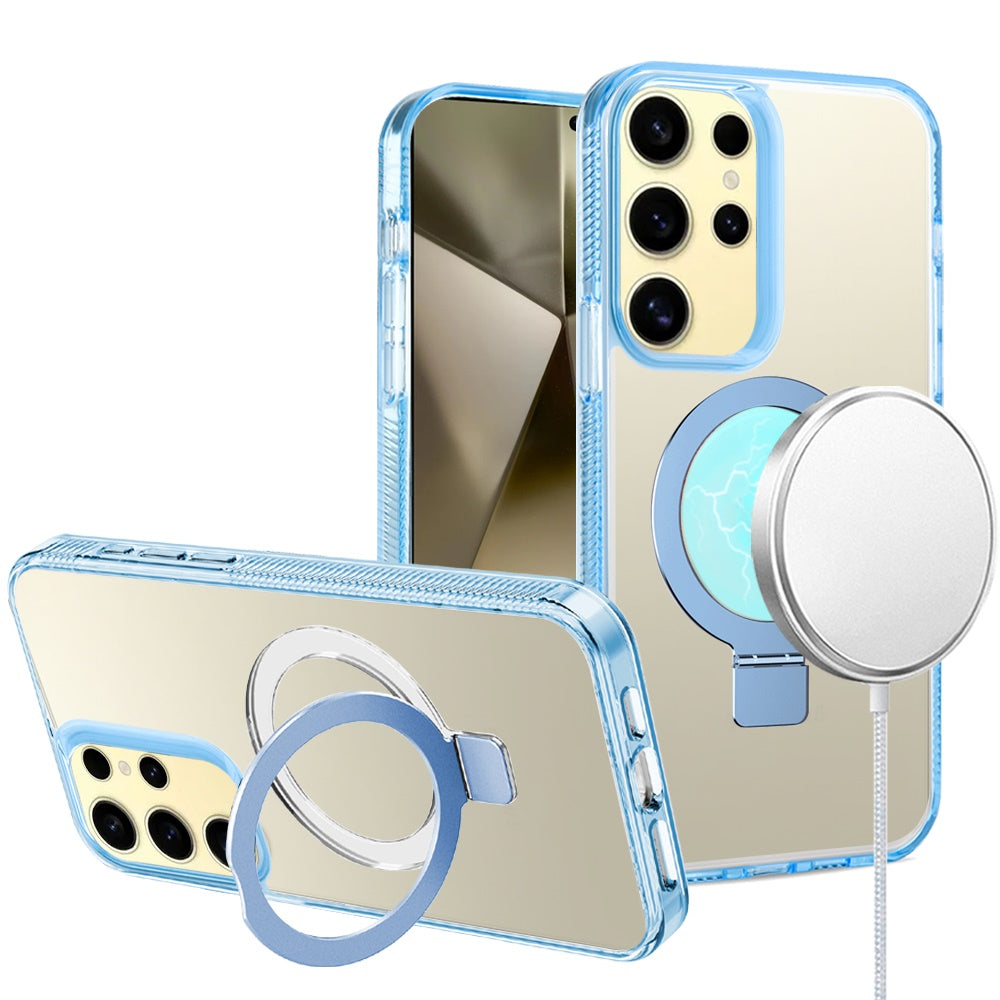 For Apple iPhone 17E /16E Transparent Magnetic Ring Circle Stand with MagSafe Compatible Hybrid Dotted Edged Hard PC Shockproof Case Cover Light Blue