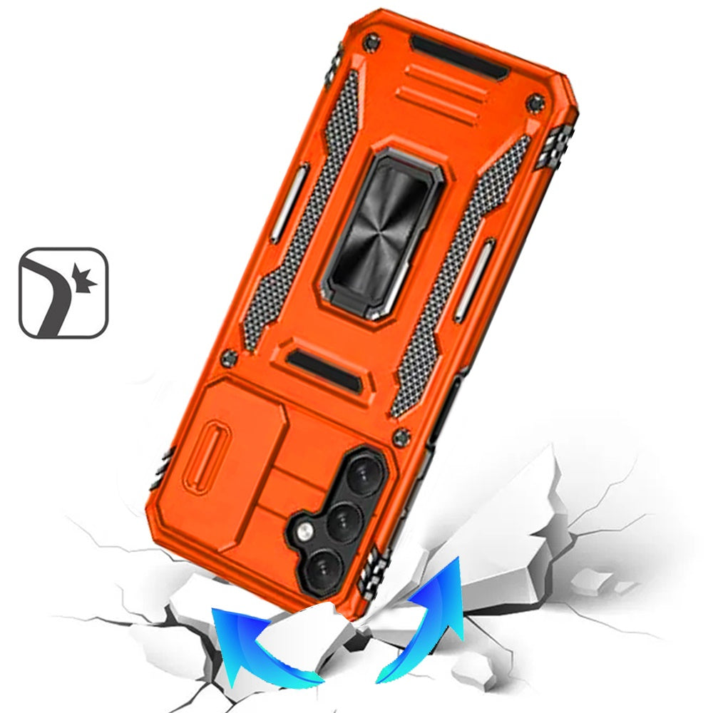 For Samsung Galaxy A17 5G Tough Hybrid Case with Movable Camera Window & Metal Ring Stand Shockproof Case Cover Cosmic Orange