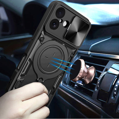 Phone Case for Apple iPhone 17/ iPhone 18 Magnetic Ring Stand Shockproof Hybrid Full Camera Slide Guard Anti Slip Heavy Duty Protective Armor Cover Black