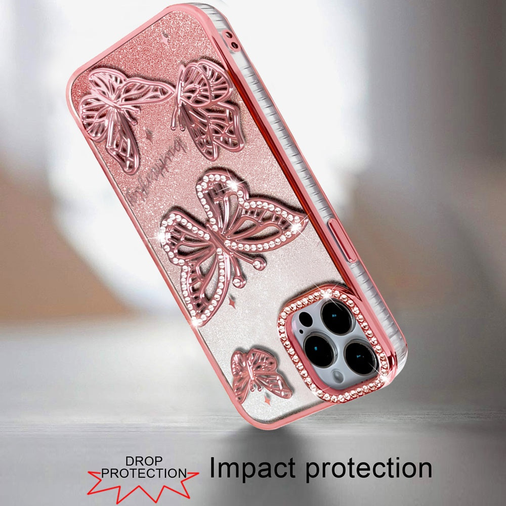 For Apple iPhone 11 Pro Max Luxury Butterfly Sparkle Glitter Diamond Crystal Rhinestone Shimmer Bling Plating Thick TPU Hard PC Case Cover