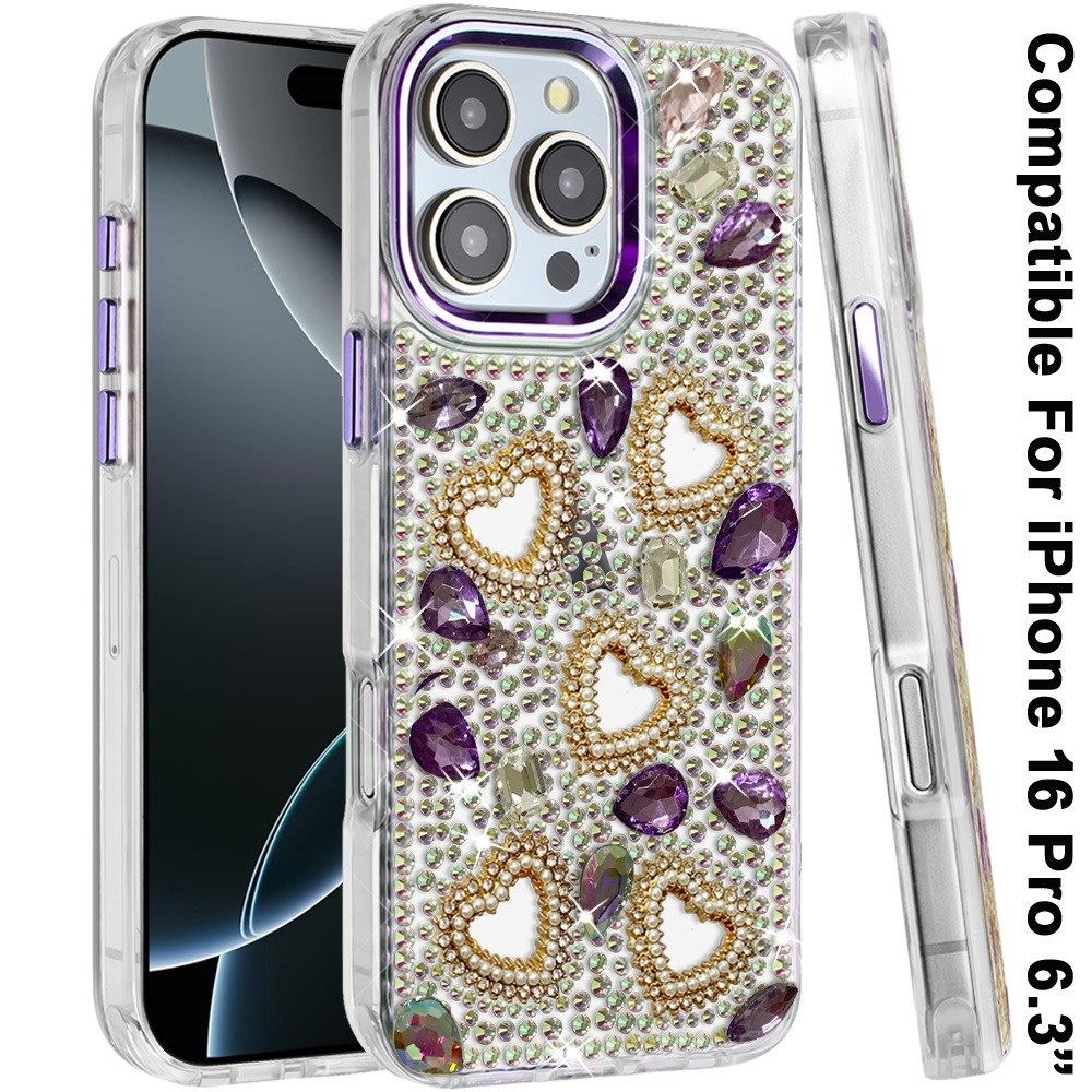 Phone Case for Apple iPhone 16 Pro Luxury Crystal Heart Rhinestone Diamond Bling Shockproof Hybrid Glitter Protective Stylish Durable Grip Cover
