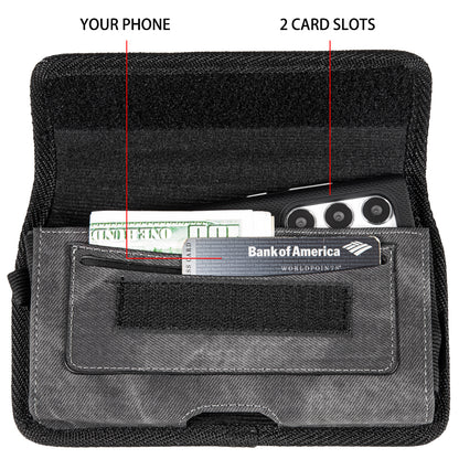 For Apple iPhone 16 Plus (6.7") Universal Horizontal Cell Phone Case Fabric Holster Carrying Pouch with Belt Clip and 2 Card Slots fit XXL Devices [Black Denim]