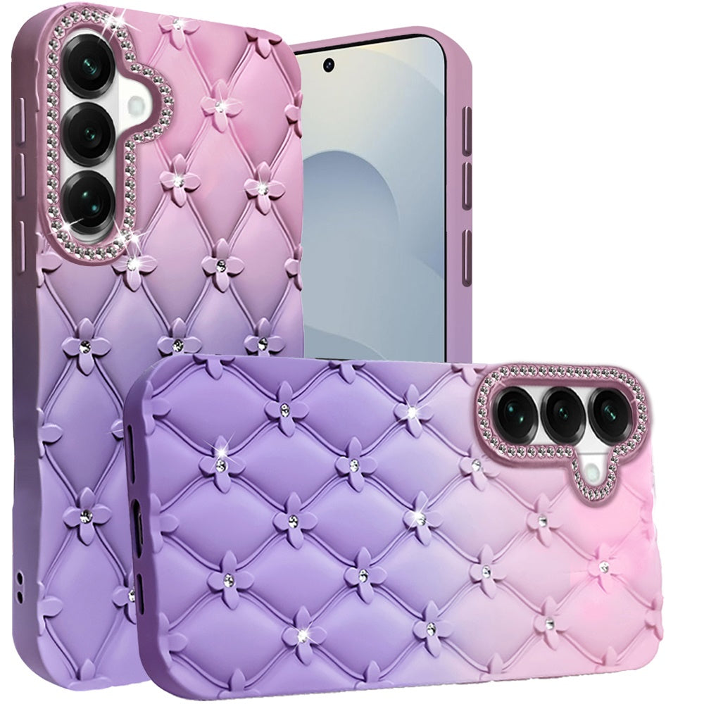 For Samsung Galaxy S26 Fashion Flower Design Sparkle Glitter Shimmer Rhinestone Bling Floral Accents, Leather Texture TPU Case Cover