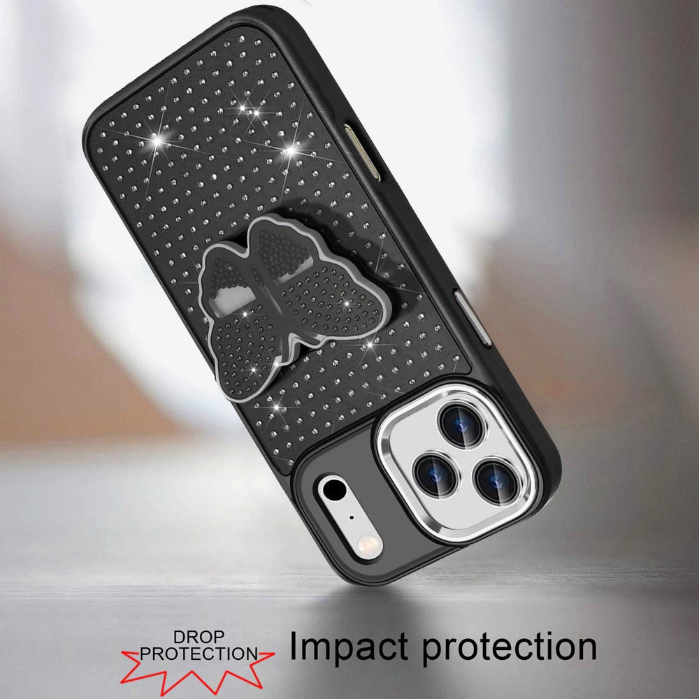 Phone Case for Apple iPhone 18 Pro Max Butterfly Grip Pop Stand Diamond Sparkle Hybrid Shockproof Metal Button Slim Protective Grip Decorative Design Cover