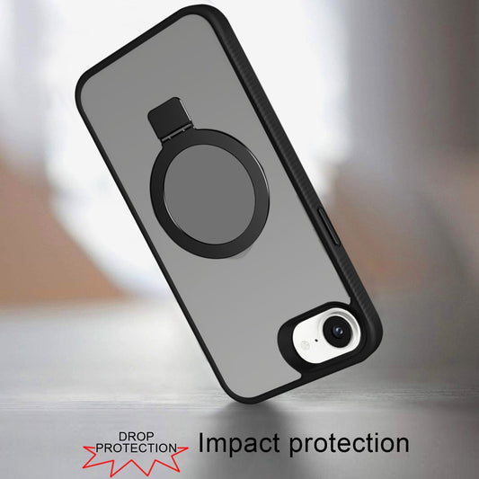For Apple iPhone 17E /16E Magnetic Circle Kickstand with MagSafe Compatibility, Matte Skin, Rugged Bumper, and Ring Holder Case Cover Black