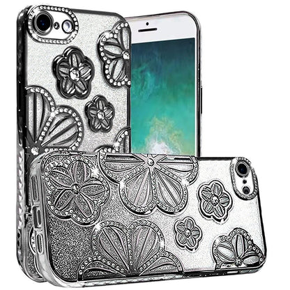For Apple iPhone 17E /16E Luxury Flower Design Sparkle Glitter Diamond Rhinestone Shimmer Bling Plating Thick TPU Hard PC Case Cover