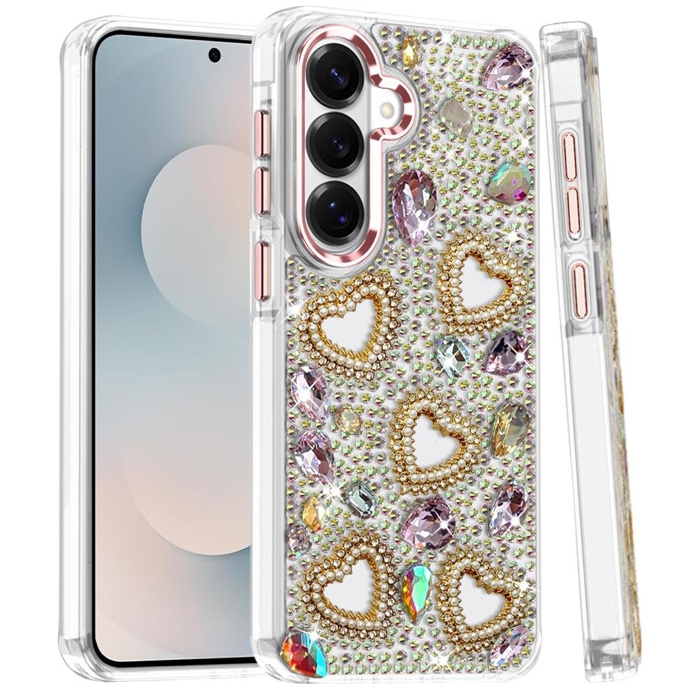 Phone Case for Galaxy S25 FE Fan Edition Luxury Crystal Heart Rhinestone Diamond Bling Shockproof Hybrid Glitter Protective Stylish Durable Grip Cover