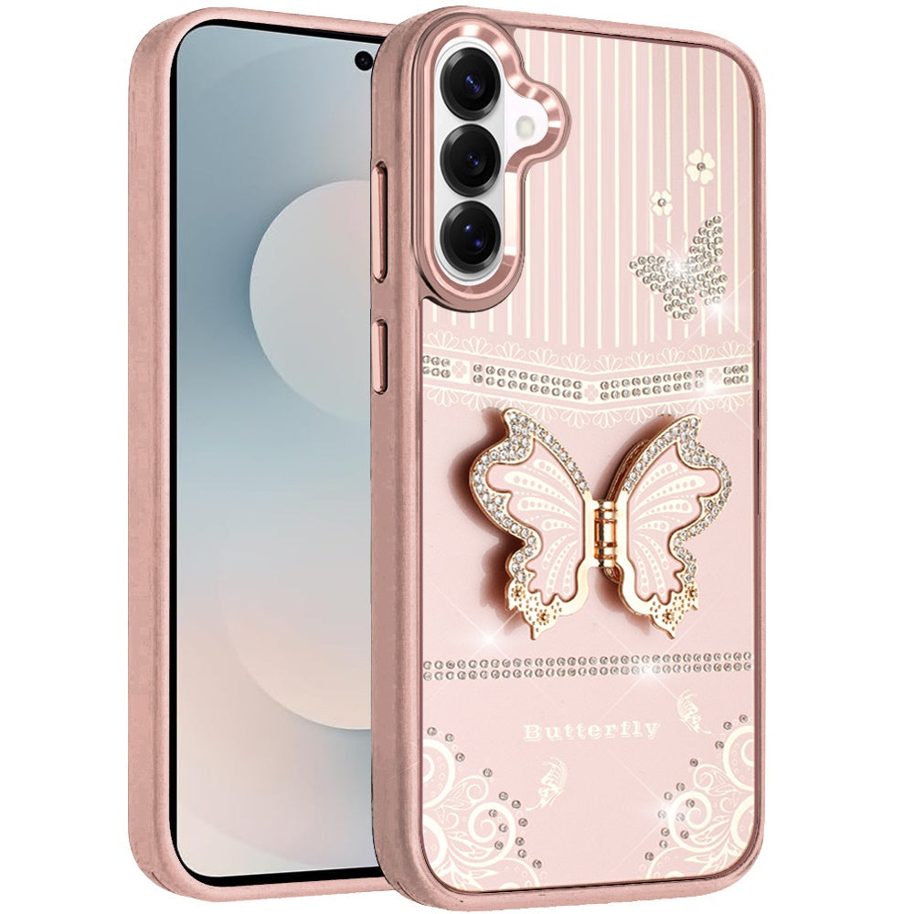 For Samsung Galaxy S26 Glitter 3D Butterfly Design Bling Metallic Edge Hybrid Stand Drop Protection TPU Shockproof Case Cover