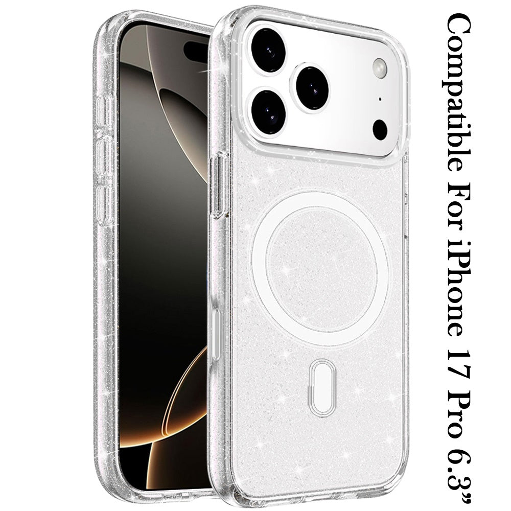 For Apple iPhone 17 Pro MagSafe Compatible Glitter Sparkle Bling Hybrid Case with Magnetic Circle, Slim TPU & Hard PC Frame Case Cover Clear