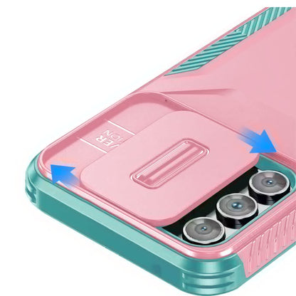 For Samsung Galaxy A16 5G Slim Fit Shockproof Hybrid with Slide Camera Window Covering, Rugged Tpu Silicone Hard PC Bumper Case Cover Pink-Teal