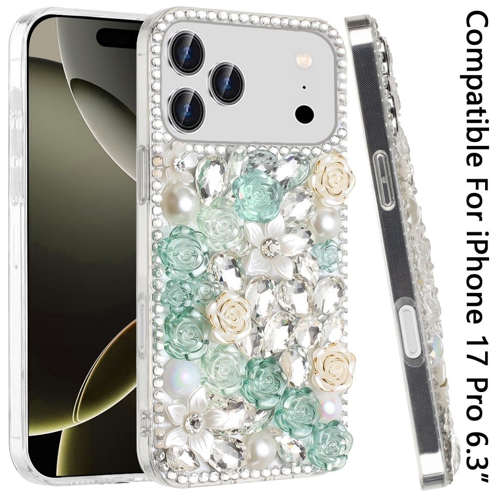 Phone Case for Apple iPhone 17 Pro Rose Flower Full Diamond Bling Rhinestone Glitter Luxury Stylish Sparkle Protective Designer Hybrid Cover