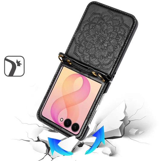 Phone Case for Samsung Galaxy Z Flip 8 PU Leather Embossed Floral Textured with Strap Protective Reinforced Edge Mandala Design Cover