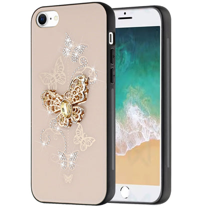 For Apple iPhone 16e Diamonds 3D Butterfly Bling Sparkly Glitter Ornaments Engraving Hybrid Metal Fashion Case Cover Gold Garden Butterflies