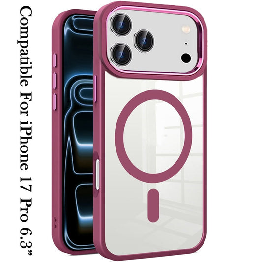 For Apple iPhone 17 Pro (6.3") MagSafe Compatible Transparent Greatest Clear Acrylic with Color Frame Thick Hybrid TPU Hard Case Cover Burgundy